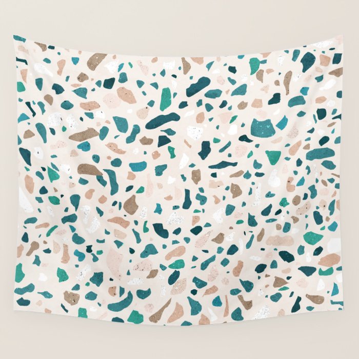Terrazzo Memphis beige turquoise brown white Wall Tapestry Gallery Image 1