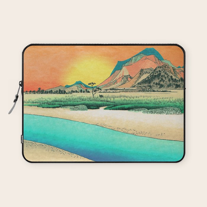 Sunrise at Shinzenn - Nature Ukiyo Landscape in Green, Blue and Orange Laptop Sleeve Gallery Image 1