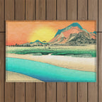 Sunrise at Shinzenn - Nature Ukiyo Landscape in Green, Blue and Orange Outdoor Rug Gallery Image 1