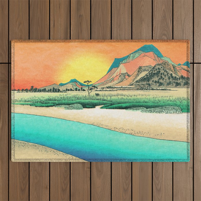 Sunrise at Shinzenn - Nature Ukiyo Landscape in Green, Blue and Orange Outdoor Rug Gallery Image 1
