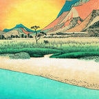 Sunrise at Shinzenn - Nature Ukiyo Landscape in Green, Blue and Orange Coffee Mug Gallery Image 2