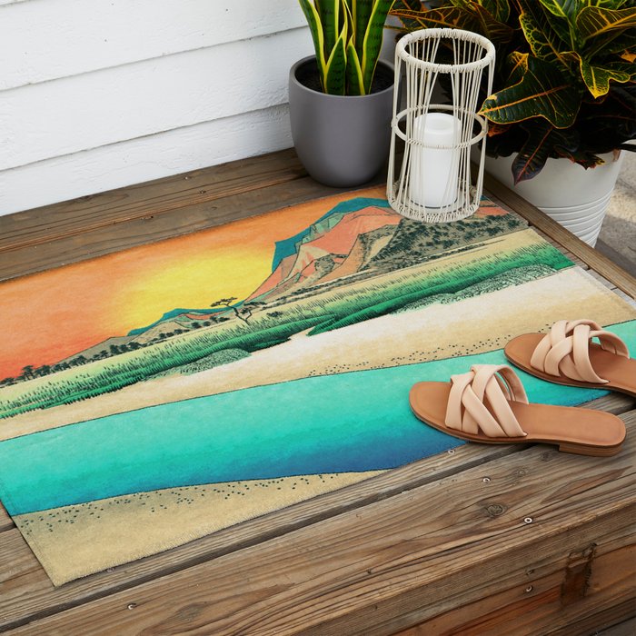 Sunrise at Shinzenn - Nature Ukiyo Landscape in Green, Blue and Orange Outdoor Rug Gallery Image 2