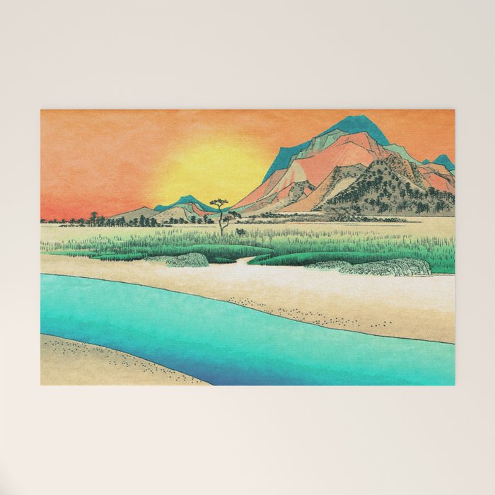 Sunrise at Shinzenn - Nature Ukiyo Landscape in Green, Blue and Orange Welcome Mat Gallery Image 1