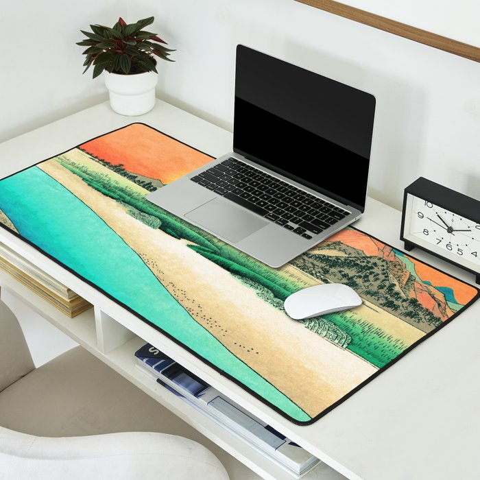 Sunrise at Shinzenn - Nature Ukiyo Landscape in Green, Blue and Orange Desk Mat Gallery Image 2