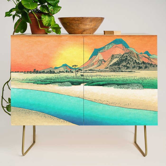Sunrise at Shinzenn - Nature Ukiyo Landscape in Green, Blue and Orange Credenza Gallery Image 1