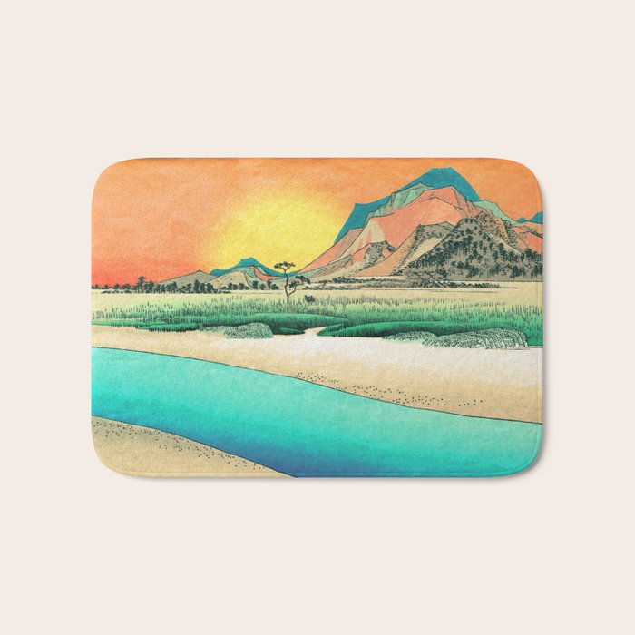 Sunrise at Shinzenn - Nature Ukiyo Landscape in Green, Blue and Orange Bath Mat Gallery Image 1