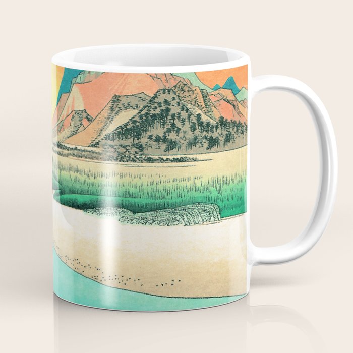 Sunrise at Shinzenn - Nature Ukiyo Landscape in Green, Blue and Orange Coffee Mug Gallery Image 1
