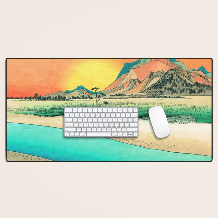 Sunrise at Shinzenn - Nature Ukiyo Landscape in Green, Blue and Orange Desk Mat Gallery Image 1