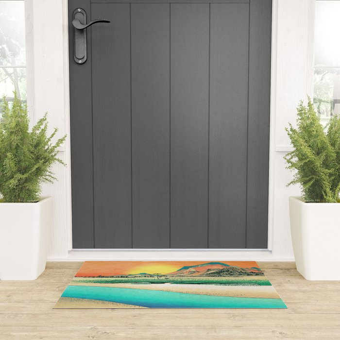 Sunrise at Shinzenn - Nature Ukiyo Landscape in Green, Blue and Orange Welcome Mat Gallery Image 3