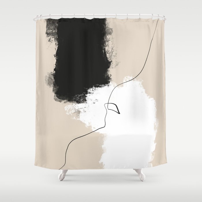 Modern Neutral Abstract Art, Beige, Black and White, Brushstroke Art Print by Synplus Shower Curtain Gallery Image 1