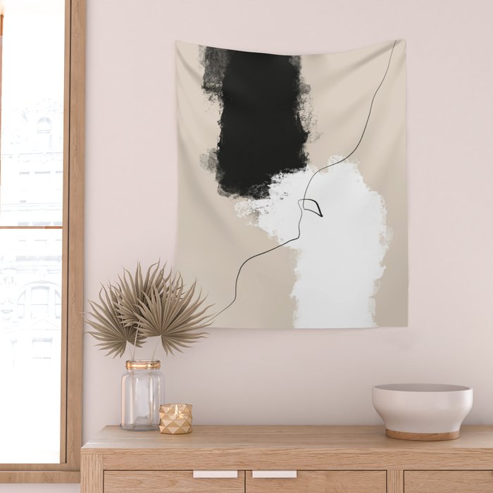 Modern Neutral Abstract Art, Beige, Black and White, Brushstroke Art Print by Synplus Wall Tapestry Gallery Image 2