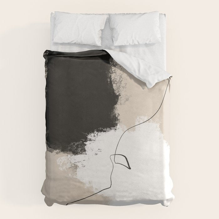 Modern Neutral Abstract Art, Beige, Black and White, Brushstroke Art Print by Synplus Duvet Cover Gallery Image 1