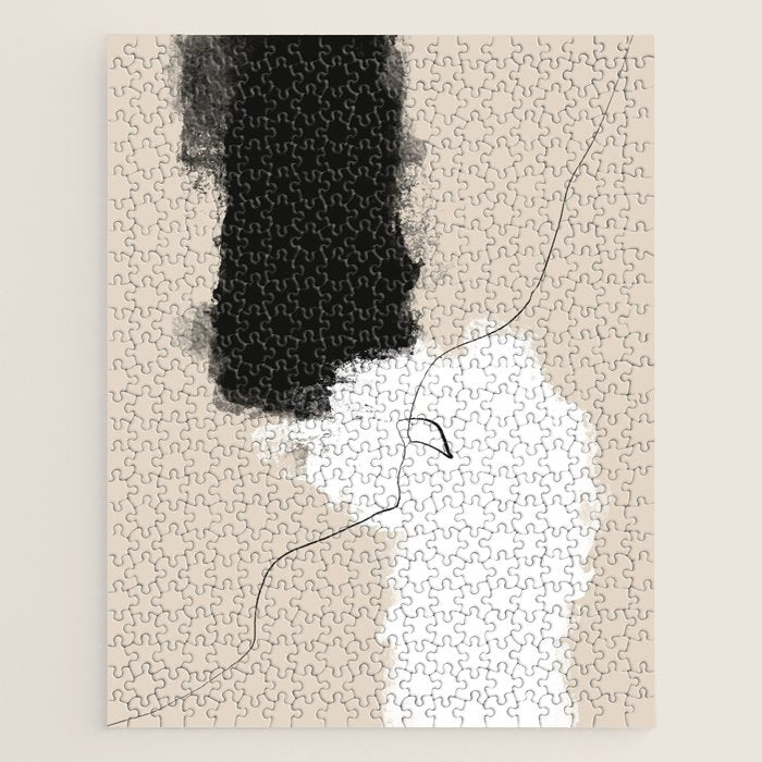 Modern Neutral Abstract Art, Beige, Black and White, Brushstroke Art Print by Synplus Jigsaw Puzzle Gallery Image 1