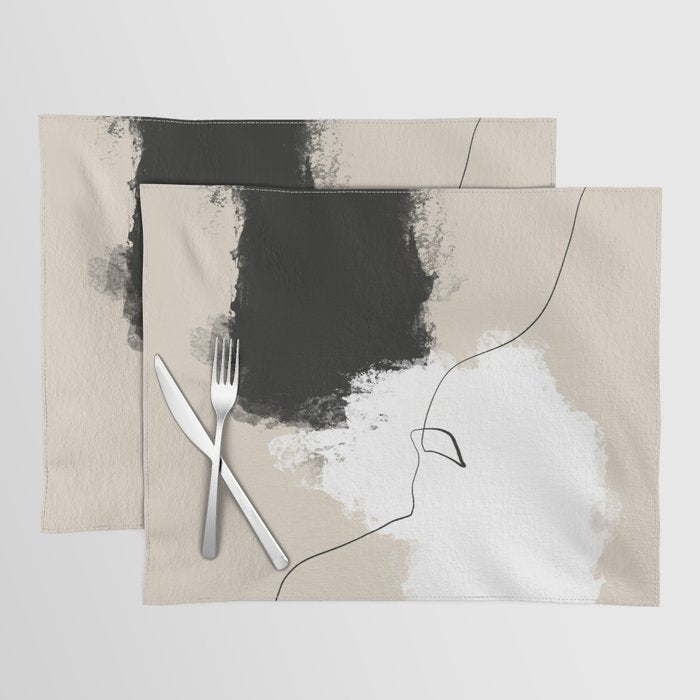 Modern Neutral Abstract Art, Beige, Black and White, Brushstroke Art Print by Synplus Placemat Gallery Image 1