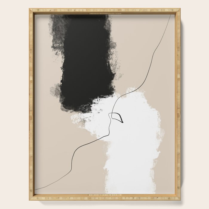 Modern Neutral Abstract Art, Beige, Black and White, Brushstroke Art Print by Synplus Serving Tray Gallery Image 1