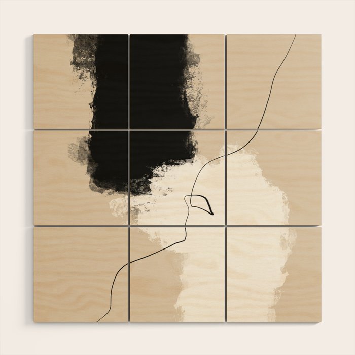 Modern Neutral Abstract Art, Beige, Black and White, Brushstroke Art Print by Synplus Wood Wall Art Gallery Image 1