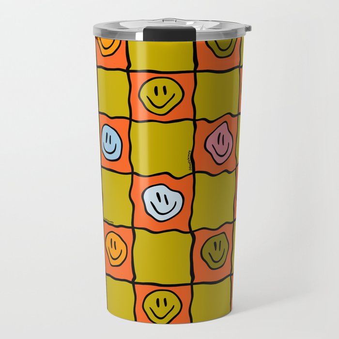 Green Happy Face Checkered Print Travel Mug Gallery Image 1
