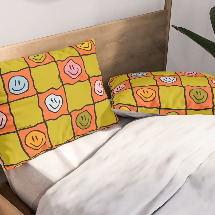 Green Happy Face Checkered Print Pillow Sham Gallery Image 2