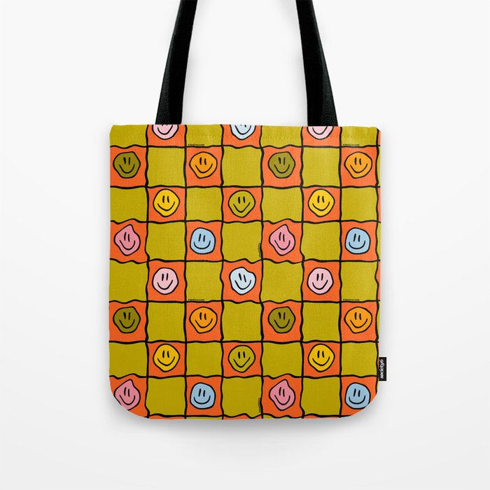 Green Happy Face Checkered Print Tote Bag Gallery Image 1