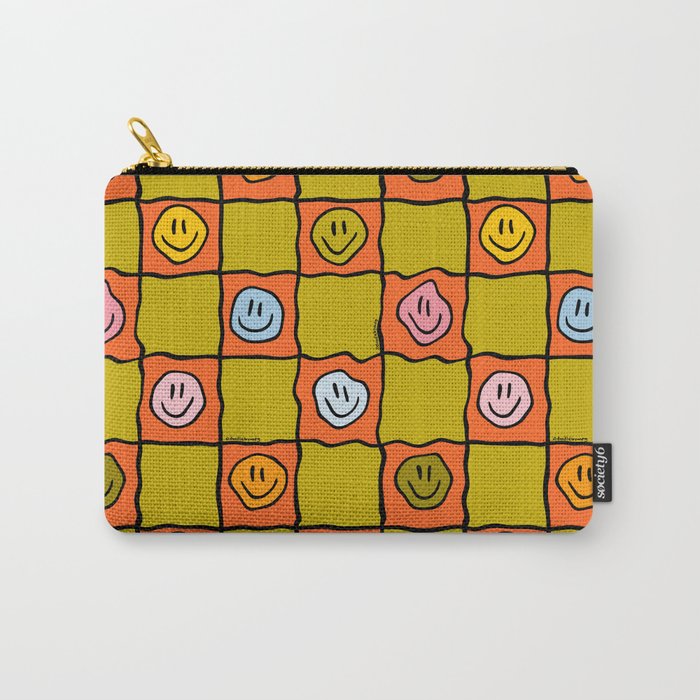 Green Happy Face Checkered Print Carry All Pouch Gallery Image 1