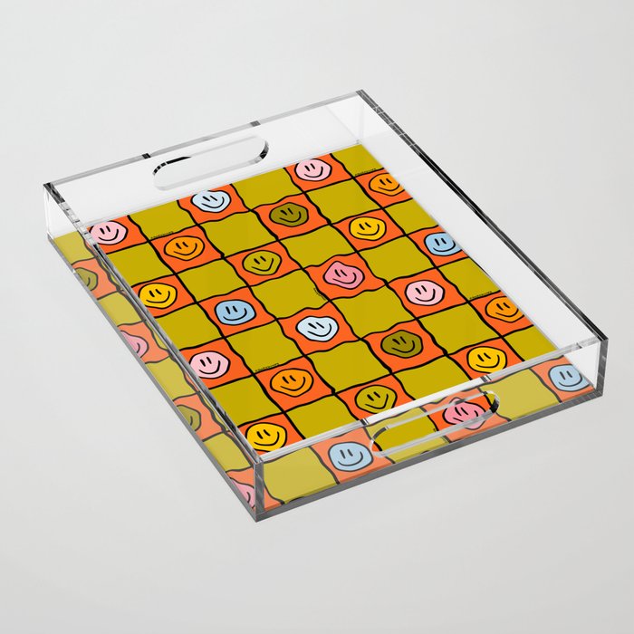 Green Happy Face Checkered Print Acrylic Tray Gallery Image 1