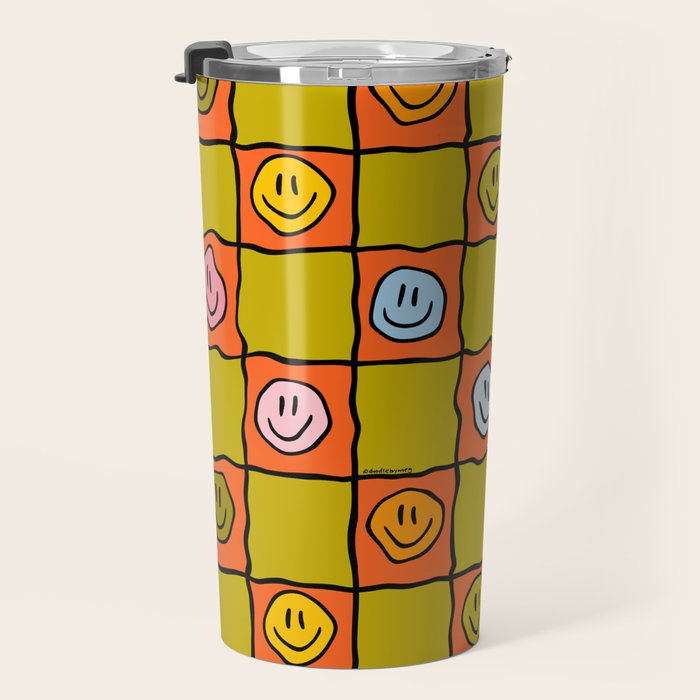 Green Happy Face Checkered Print Travel Mug Gallery Image 3