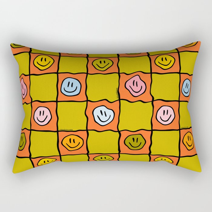 Green Happy Face Checkered Print Rectangular Pillow Gallery Image 2