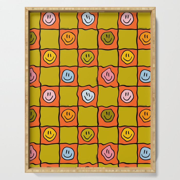 Green Happy Face Checkered Print Serving Tray Gallery Image 1