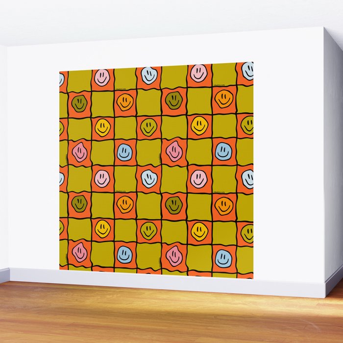 Green Happy Face Checkered Print Wall Mural Gallery Image 2