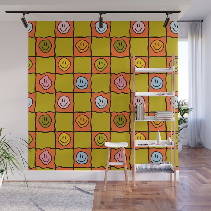 Green Happy Face Checkered Print Wall Mural Gallery Image 1