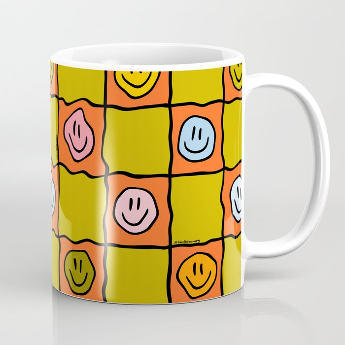 Green Happy Face Checkered Print Coffee Mug Gallery Image 1