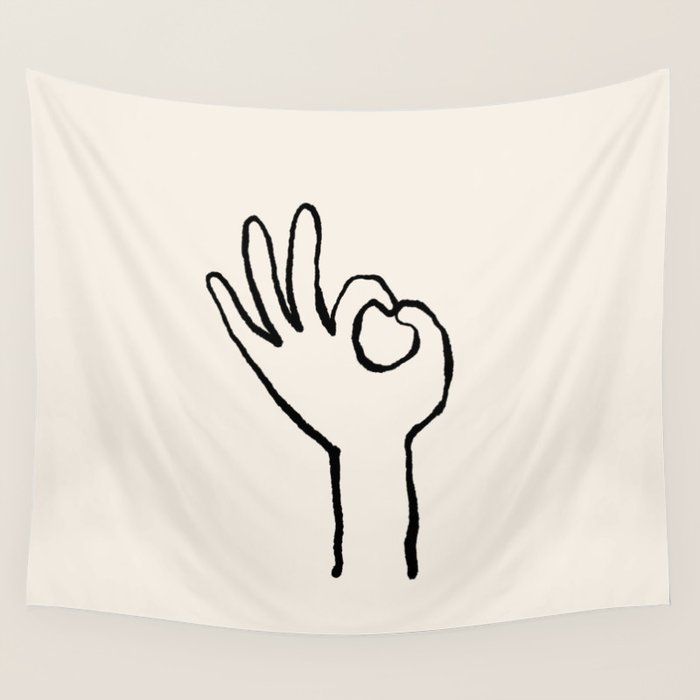 OK sign hand black and white hand drawing Wall Tapestry Gallery Image 4