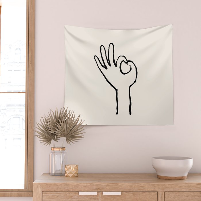 OK sign hand black and white hand drawing Wall Tapestry Gallery Image 2