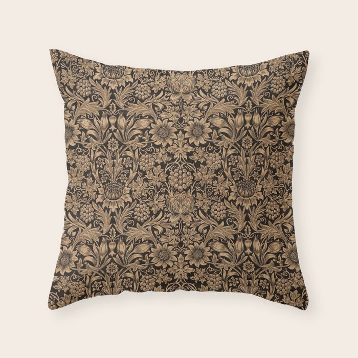 William Morris Pure Sunflower Brown Maple Lichen Vintage Pattern Throw Pillow Gallery Image 1