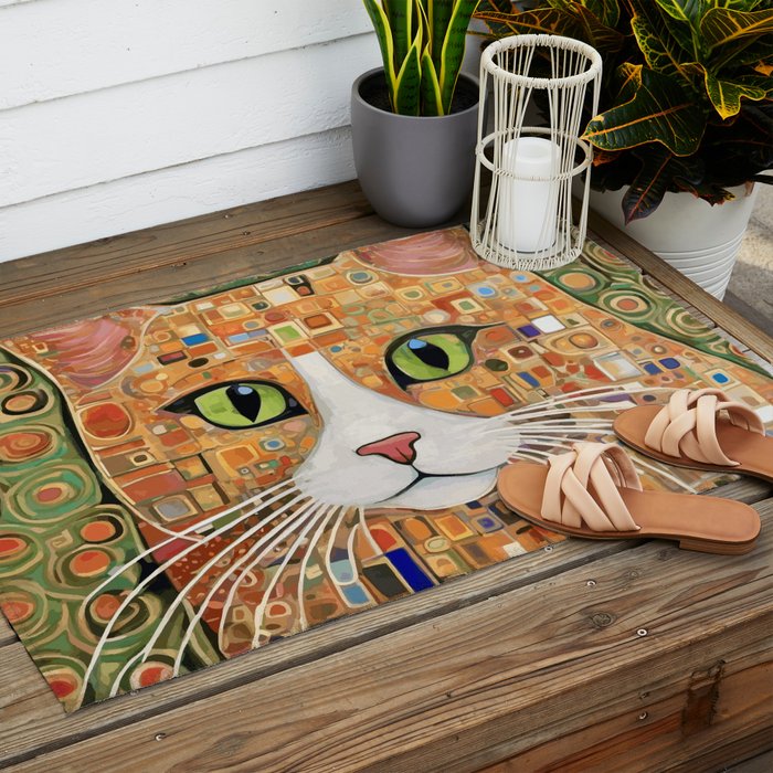 Klimt Cat with Green Eyes Outdoor Rug Gallery Image 2