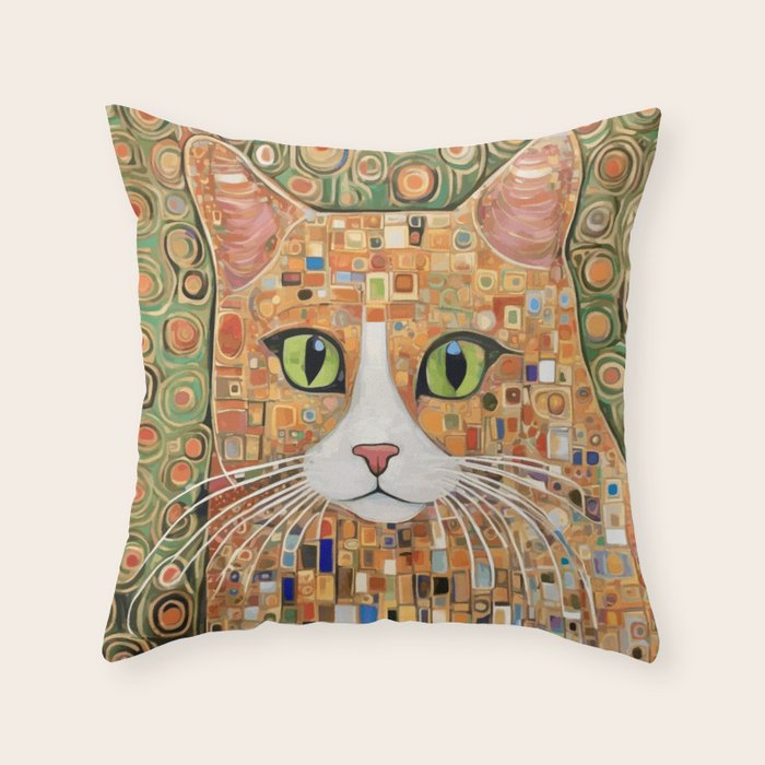 Klimt Cat with Green Eyes Throw Pillow Gallery Image 1