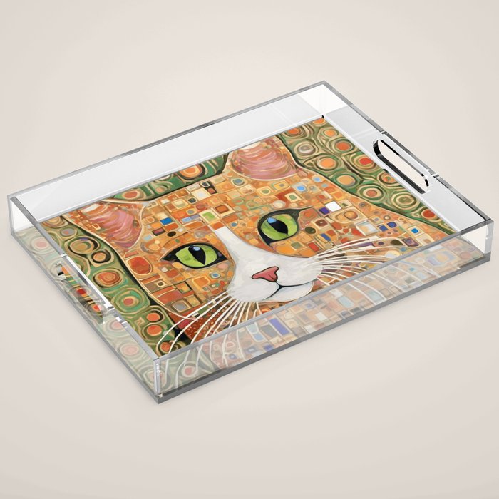 Klimt Cat with Green Eyes Acrylic Tray Gallery Image 1