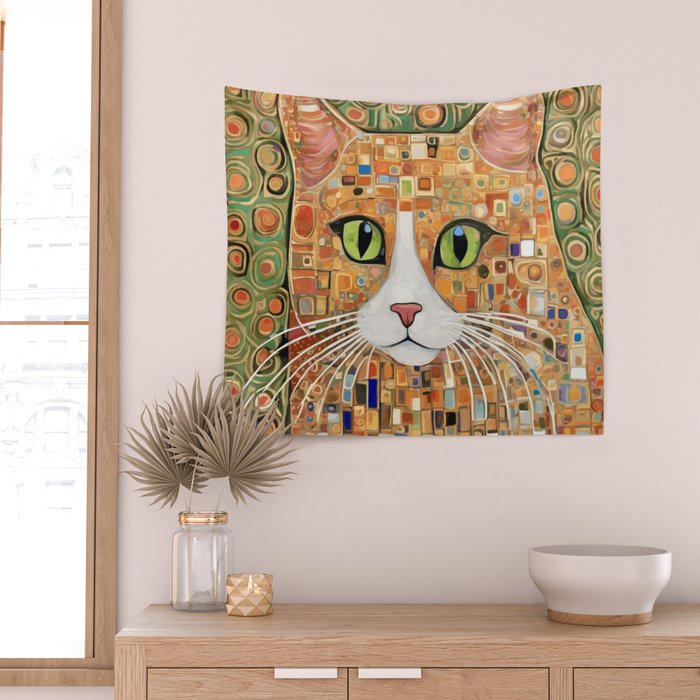 Klimt Cat with Green Eyes Wall Tapestry Gallery Image 2