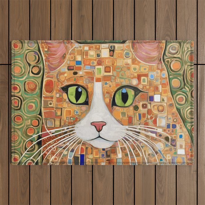 Klimt Cat with Green Eyes Outdoor Rug Gallery Image 1