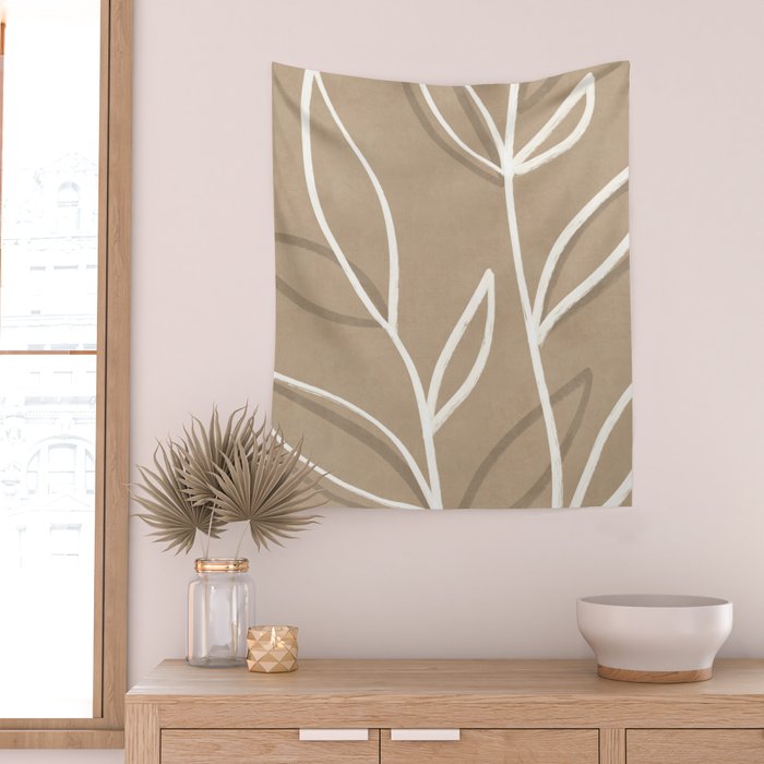 Abstract beige line art botanical Wall Tapestry Gallery Image 2