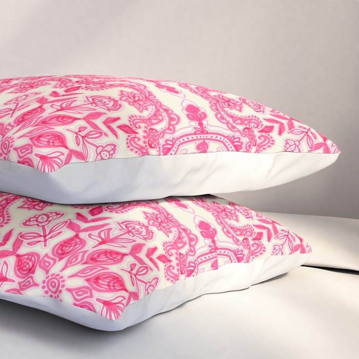 Hot Pink & Soft Cream Folk Art Pattern Pillow Sham Gallery Image 3