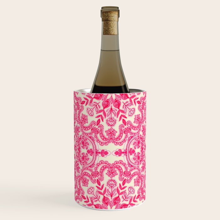 Hot Pink & Soft Cream Folk Art Pattern Wine Chiller Gallery Image 2