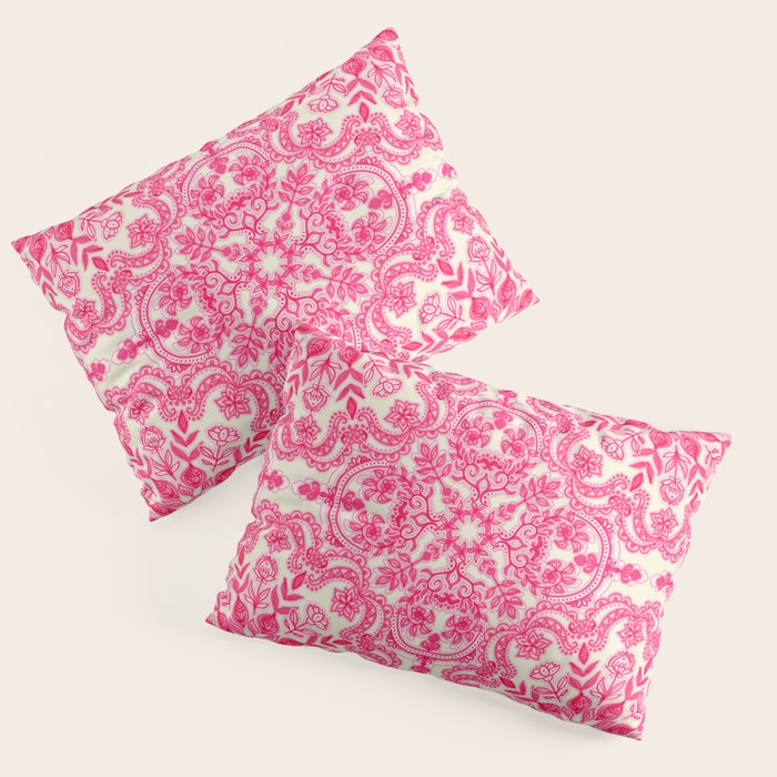 Hot Pink & Soft Cream Folk Art Pattern Pillow Sham Gallery Image 3