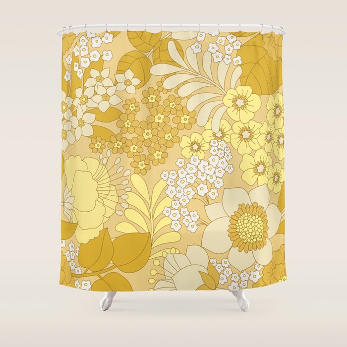 Yellow, Ivory & Brown Retro Floral Pattern Shower Curtain Gallery Image 1
