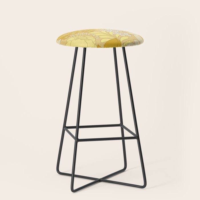 Yellow, Ivory & Brown Retro Floral Pattern Stool Gallery Image 1