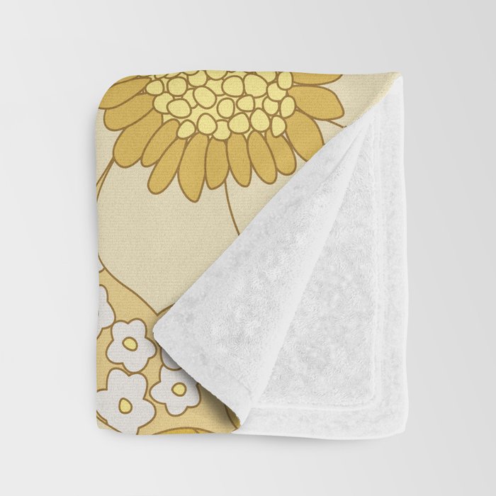 Yellow, Ivory & Brown Retro Floral Pattern Throw Blanket Gallery Image 3