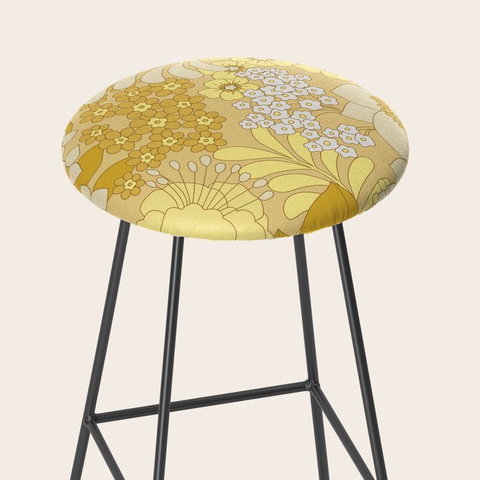 Yellow, Ivory & Brown Retro Floral Pattern Stool Gallery Image 2