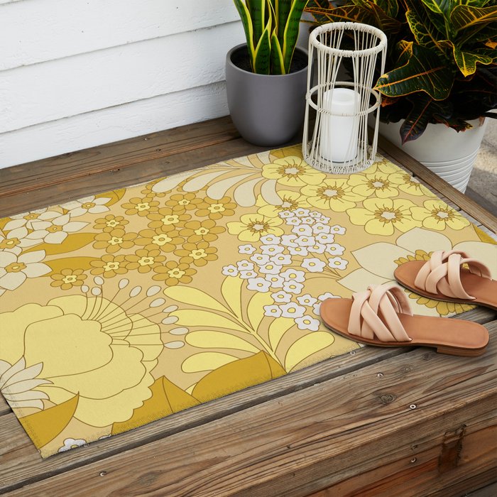 Yellow, Ivory & Brown Retro Floral Pattern Outdoor Rug Gallery Image 2