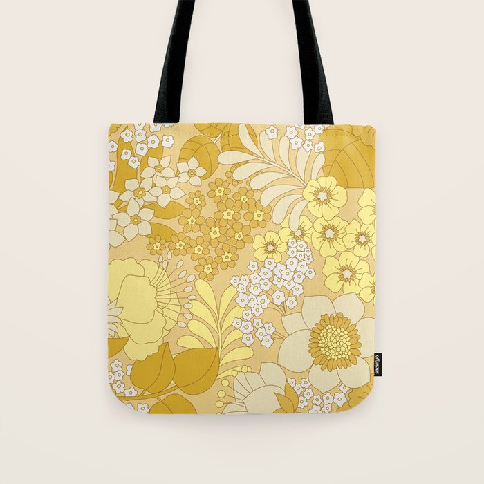 Yellow, Ivory & Brown Retro Floral Pattern Tote Bag Gallery Image 1