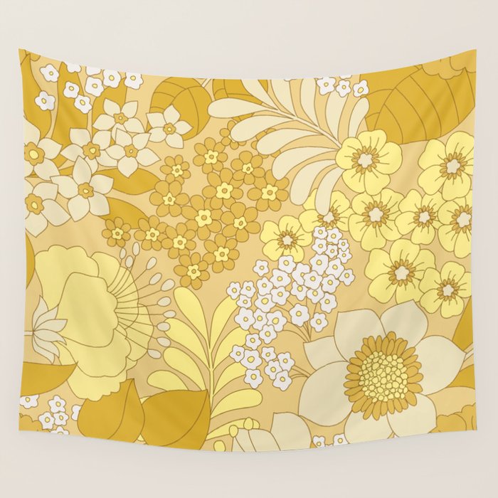Yellow, Ivory & Brown Retro Floral Pattern Wall Tapestry Gallery Image 4